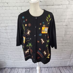 ONQUE CASUALS WOMEN'S BUTTON UP TOP ELEPHANTS AND MONKEYS SIZE LARGE